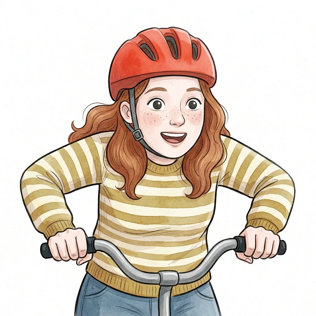 Mladá žena v červené cyklistické přilbě, oběma rukama drží řídítka a usmívá se dopředu.