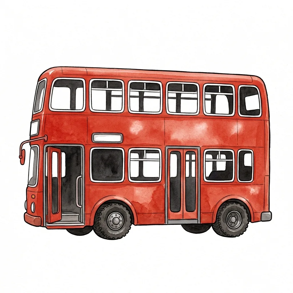 Červený patrový autobus z boku, otevřené přední dveře a schůdky, okna v obou patrech.