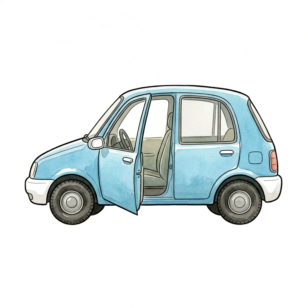 Světle modré malé auto z boku, otevřené dveře řidiče, uvnitř je vidět volant a sedadla.