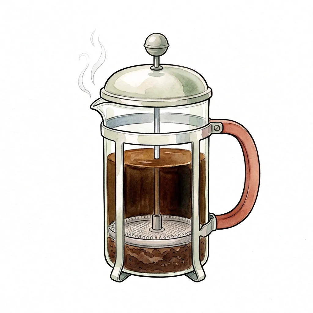 Skleněný french press s uvařenou kávou.