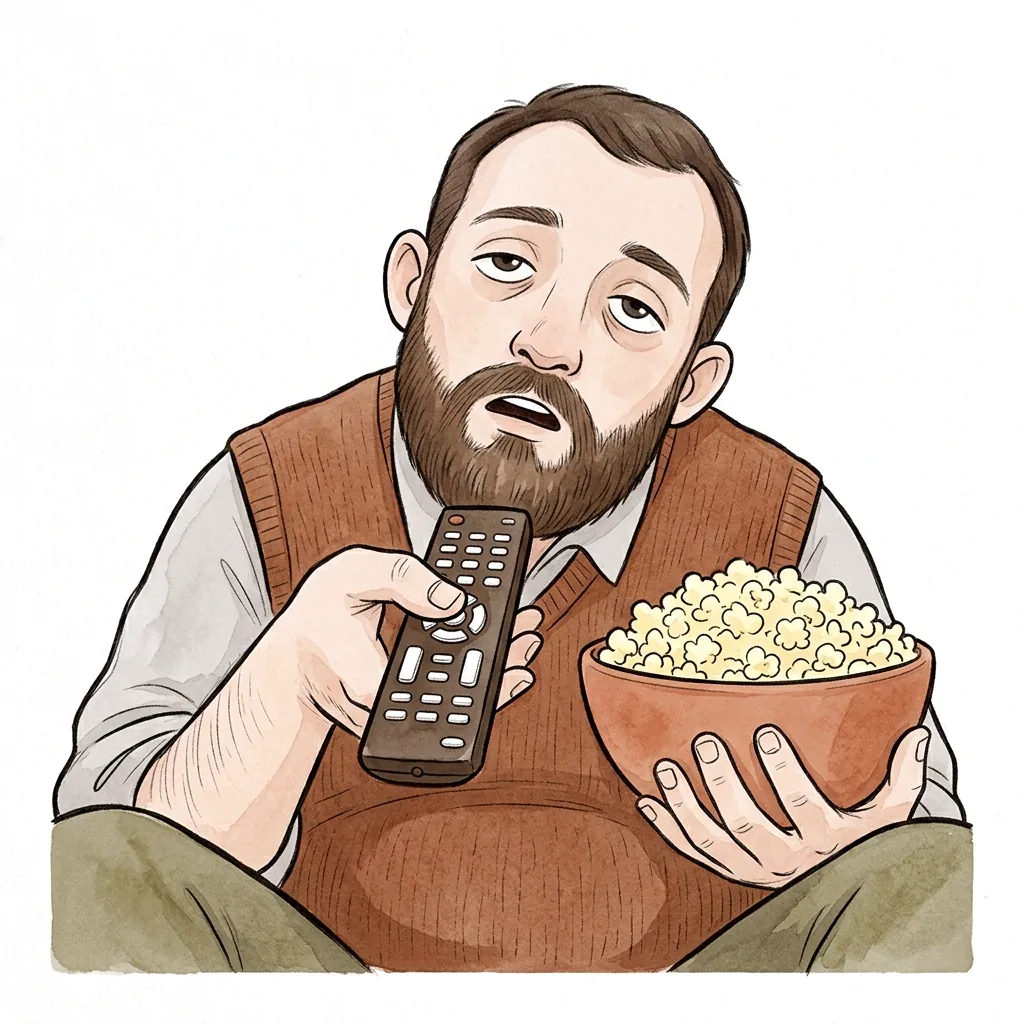 Muž unaveně sedí s dálkovým ovladačem a miskou popcornu.