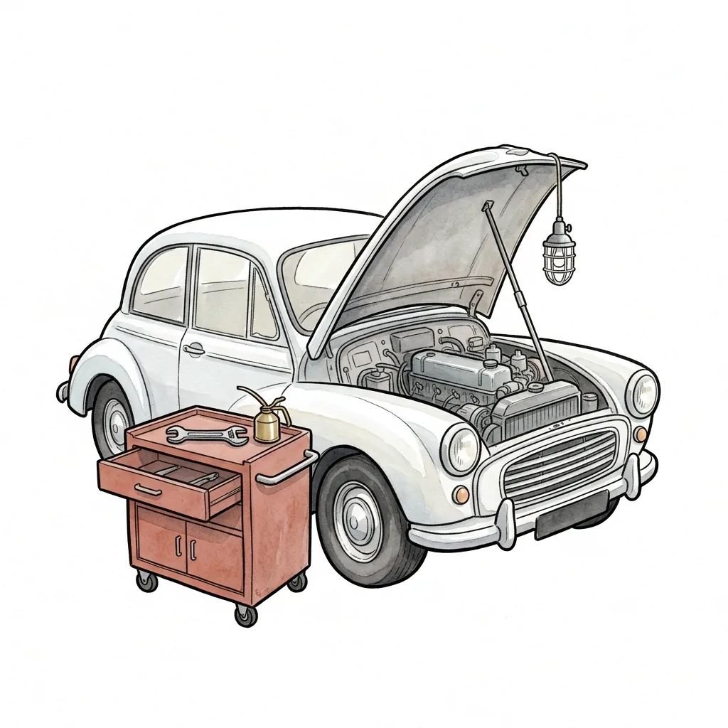 Dílna s autem na zvedáku a mechanikovým nářadím