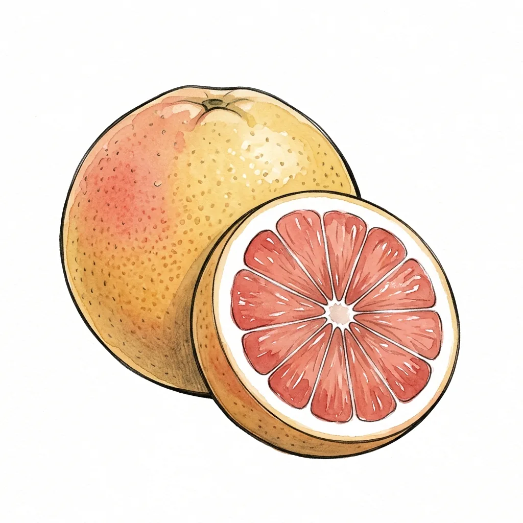 Celý žlutý grapefruit s růžovým nádechem a před ním půlka se širokou bílou kůrou a růžovočervenými dílky.