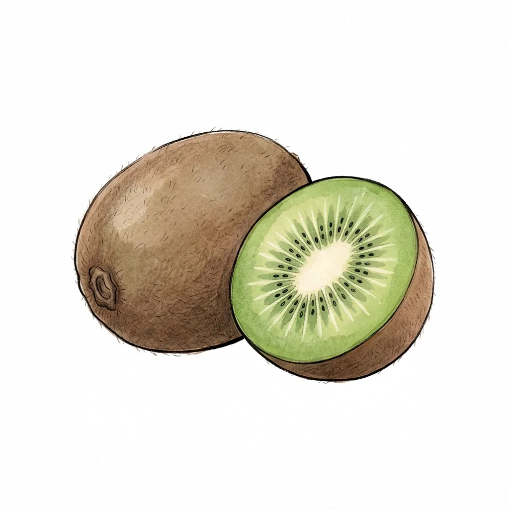 Celé hnědé chlupaté kiwi a vedle půlka se zelenou dužinou, světlým středem a drobnými černými semínky.