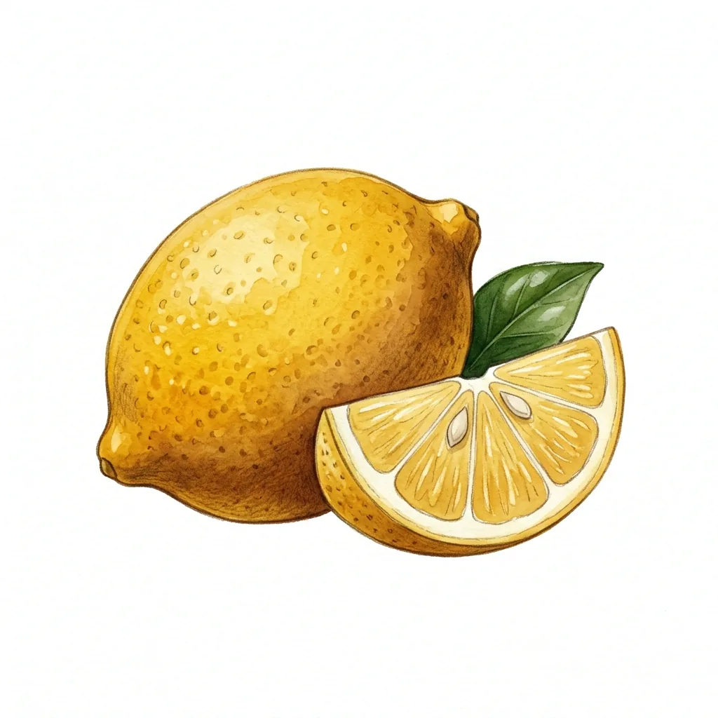 Celý žlutý citron s dolíčkovanou kůrou, vedle podélný klínek s dužinou a dvěma pecičkami a jeden tmavě zelený list.