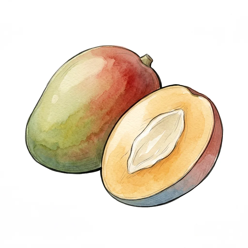 Celé mango se zelenočervenou slupkou a vedle půlka s oranžovou dužinou a velkým světlým plochým jádrem.