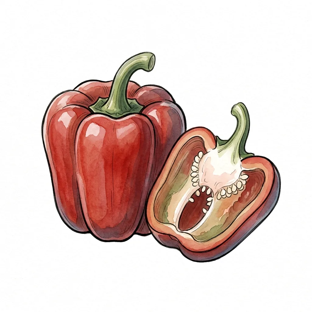 Celá červená paprika se zelenou stopkou a vedle ní rozkrojená půlka, uvnitř jsou vidět bílá plochá semínka.