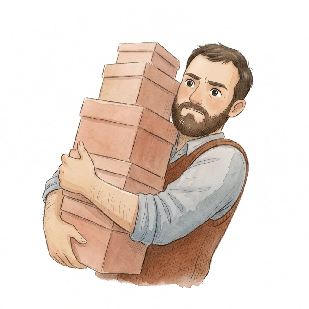 Kresba muže nesoucího vysokou hromadu krabic.
