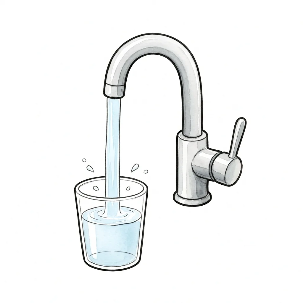 Kuchyňská baterie s proudem tekoucí vody.