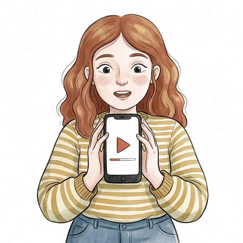Mladá žena drží před sebou telefon obrácený k divákovi, na displeji je trojúhelník pro přehrání a pruh průběhu.