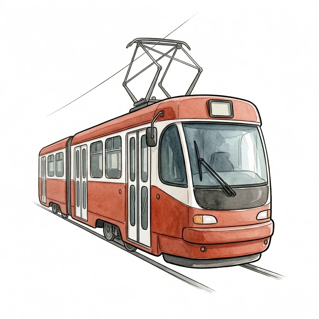 Červenobílá kloubová tramvaj z předního tříčtvrtečního pohledu, sběrač na střeše a koleje pod ní.